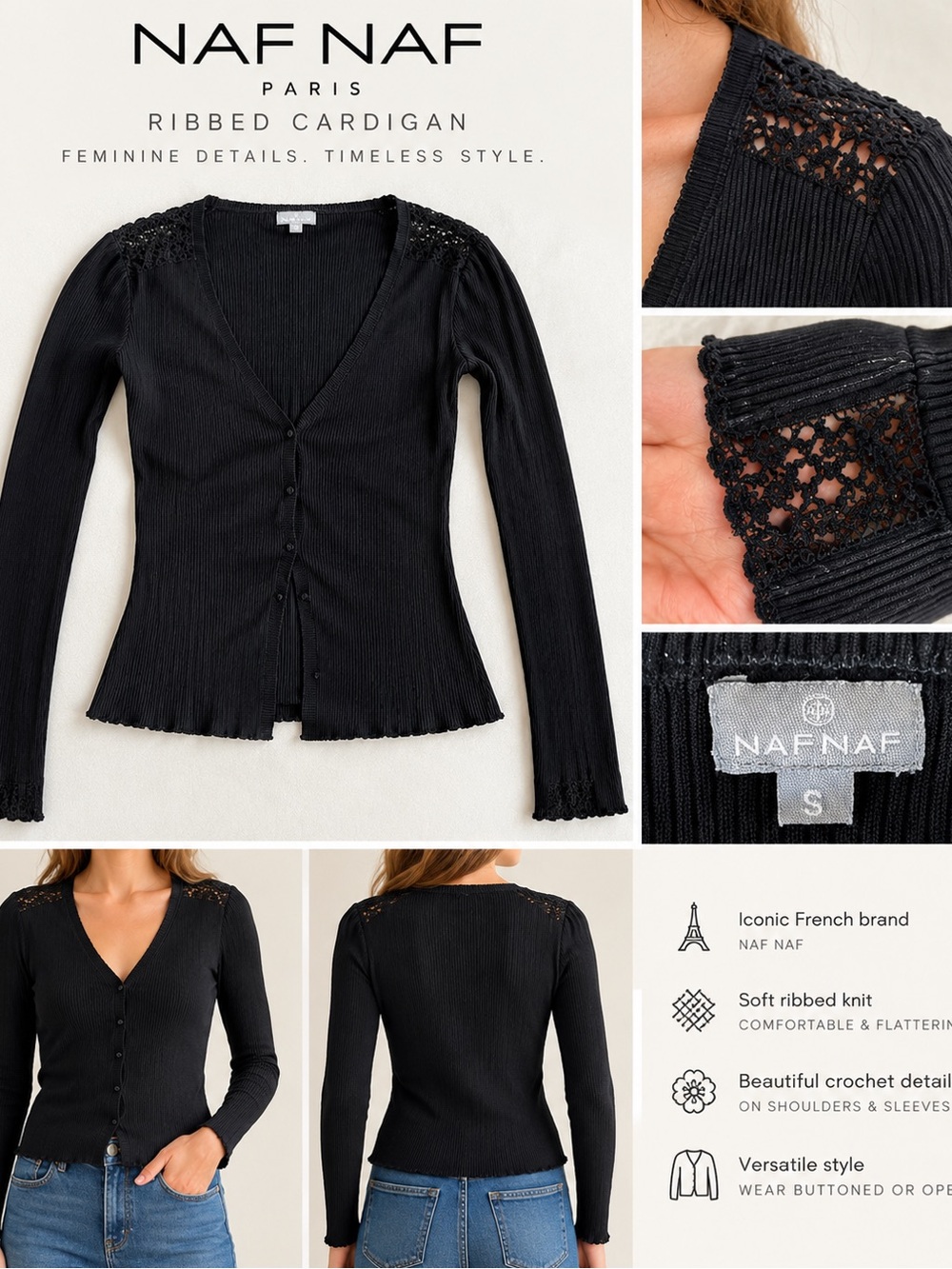 NAF NAF Black Ribbed Cardigan with Crochet Shoulder Detail